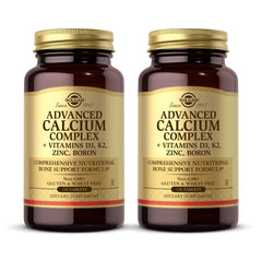 Solgar Advanced Calcium Complex bottle front shows label indicating non-GMO and gluten-free formula for bone support.
