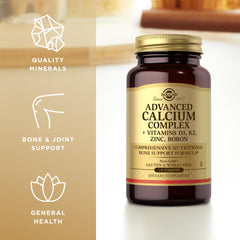 Solgar Advanced Calcium Complex box packaging emphasizes non-GMO, gluten-free, dairy-free attributes