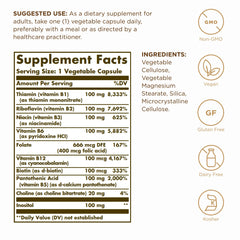 Solgar B-Complex 100 bottle front showing vegan, non-GMO formulation for nervous system support.