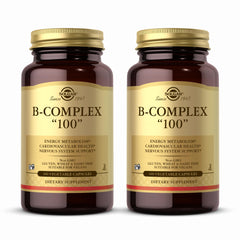 Solgar B-Complex 100 bottle with label; supports energy production and daily vitality.