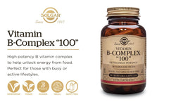 Solgar B-Complex 100 Tabs closeup of small tablets for easy daily use