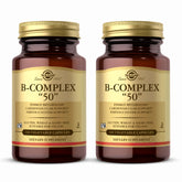 Solgar B-Complex 50 bottle on shelf, supports energy metabolism.
