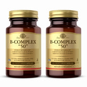 Solgar B-Complex 50 bottle on shelf, supports energy metabolism.
