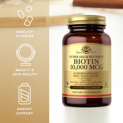 Solgar Biotin glass jar portrait highlights packaging quality and trust.