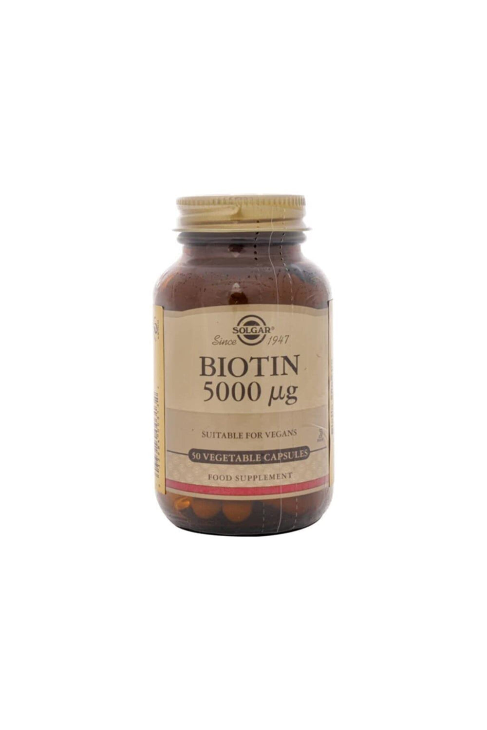 Solgar Biotin 5000 mcg capsules provide daily support for healthy skin, hair, and nails.