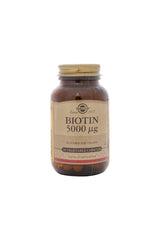 Solgar Biotin 5000 mcg capsules provide daily support for healthy skin, hair, and nails.