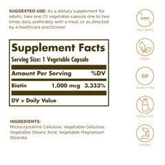 Solgar Biotina Potencia Mejorada, etiqueta de la botella, fórmula vegetariana y sin gluten.