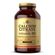 Solgar Calcium Citrate with Vitamin D3 bottle label highlights bone and dental health support.