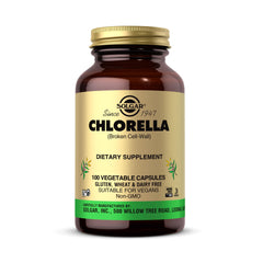 Solgar Chlorella capsules bottle front view; vegan, non-GMO daily nutrition.