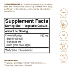 Solgar Chlorella label close-up; gluten-free and kosher certified.