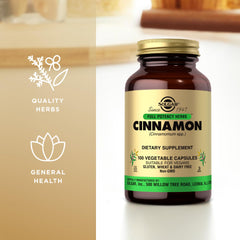 Solgar Cinnamon capsule on neutral background, non-GMO guarantee for clean ingredients.