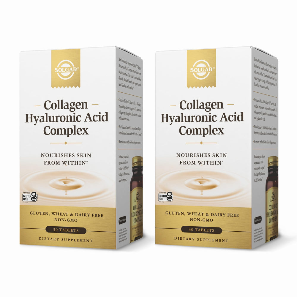 Solgar Collagen Hyaluronic Acid Complex bottle front showing branding and product details for skin support