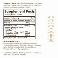 Solgar tablets close-up highlighting hydrolyzed collagen type 2 benefits.