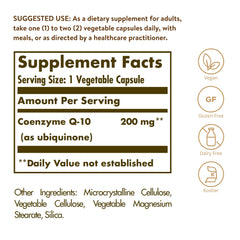 Solgar CoQ-10 label close-up highlighting vegan, kosher formulation.
