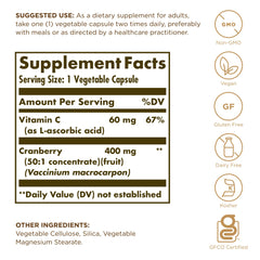 Solgar Cranberry with Vitamin C capsules closeup for daily urinary health routine.
