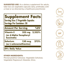 Solgar Dry Vitamin E with Yeast-Free Selenium capsules — convenient two-piece vegetarian capsule
