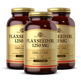 Solgar Flaxseed Oil bottle front showing 1250 mg softgels for convenient omega-3 sourcing.