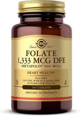 Solgar Folate bottle front showing a compact daily supplement for potential heart support
