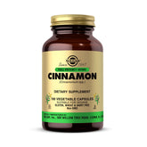 Solgar Full Potency Cinnamon bottle close-up, vegan and gluten-free daily supplement.