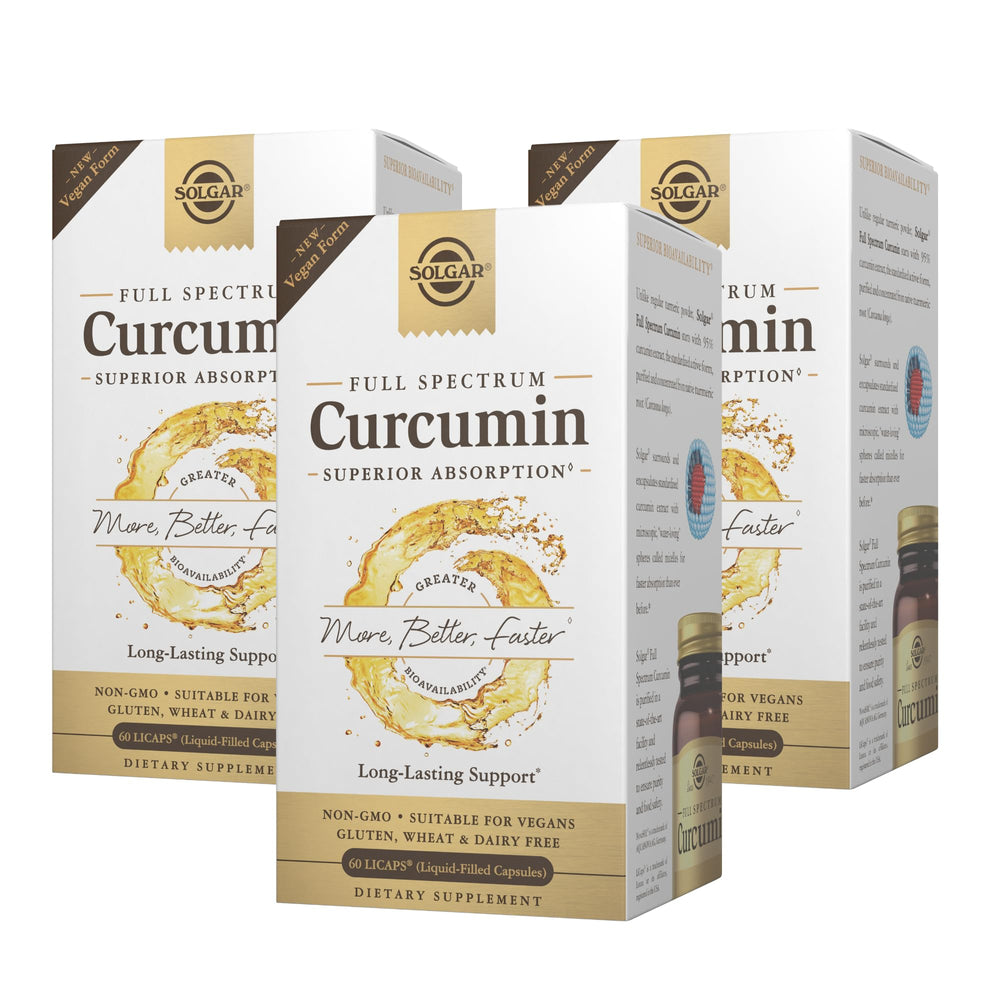 Solgar Full Spectrum Curcumin LiCaps bottle-front view highlighting superior absorption and daily ease.