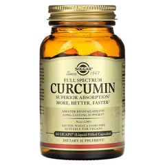 Solgar Full Spectrum Curcumin packaging front emphasizes gluten-free and dairy-free features