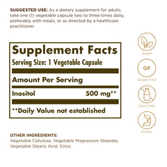 Closeup of Solgar Inositol 500 mg capsules highlighting vegan, gluten-free formula.