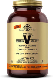 Solgar Iron-Free VM-75 bottle front with clean label and vegan-friendly formula.