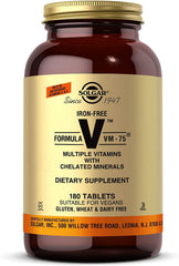 Solgar Iron-Free VM-75 bottle front with clean label and vegan-friendly formula.