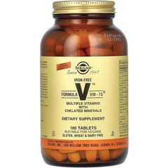 Solgar Iron-Free VM-75 nutrition panel visible detailing vitamins and minerals.