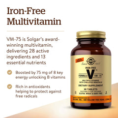 Solgar Iron-Free VM-75 tablets arranged for daily supplementation