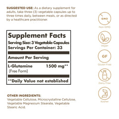 Close-up of Solgar L-Glutamine capsules showing easy-to-swallow design.