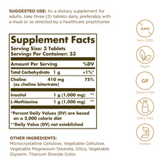 Solgar Lipotropic Factors label closeup, clear ingredient information on the bottle.