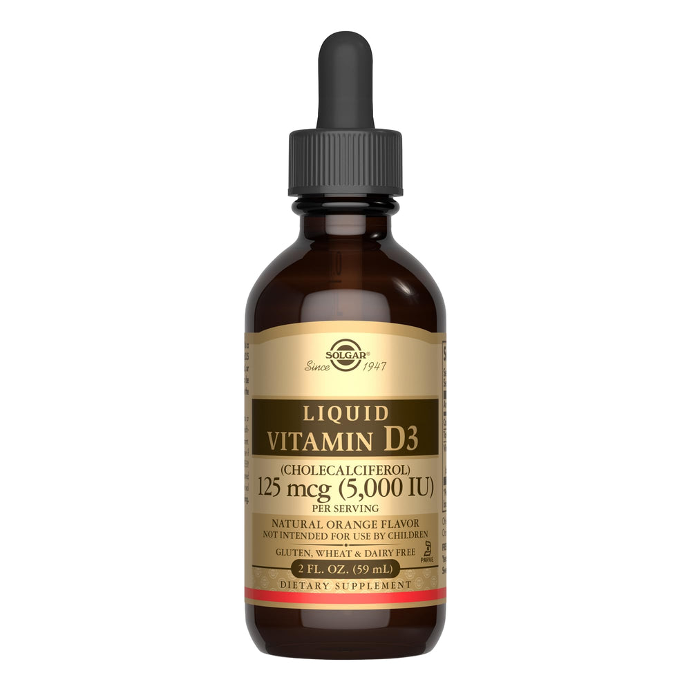 Solgar Liquid Vitamin D3 orange bottle with dropper promotes bone health and immune support.
