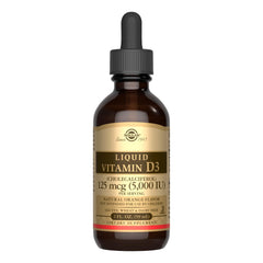 Solgar Liquid Vitamin D3 orange bottle with dropper promotes bone health and immune support.