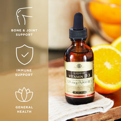 Solgar Liquid Vitamin D3 orange packaging emphasizes gluten and dairy free formula.