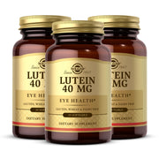 Solgar Lutein 40 mg softgels bottle on shelf, supports eye comfort and blue light filtration.