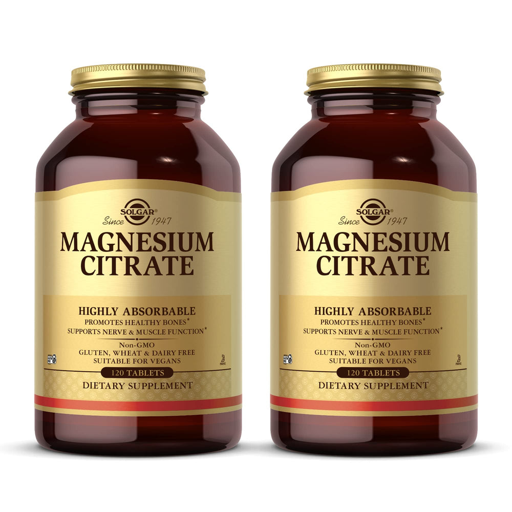 Solgar Magnesium Citrate bottle front view; highly absorbable formula.