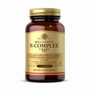 Solgar Megasorb B-Complex 50 bottle label highlighting vegan, non-GMO formula for daily energy.