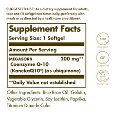 Solgar Megasorb CoQ-10 bottle side view highlighting daily use practicality.