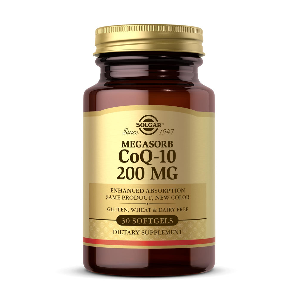 Solgar Megasorb CoQ-10 200 mg bottle with softgels for daily antioxidant support.