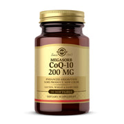 Solgar Megasorb CoQ-10 200 mg bottle with softgels for daily antioxidant support.