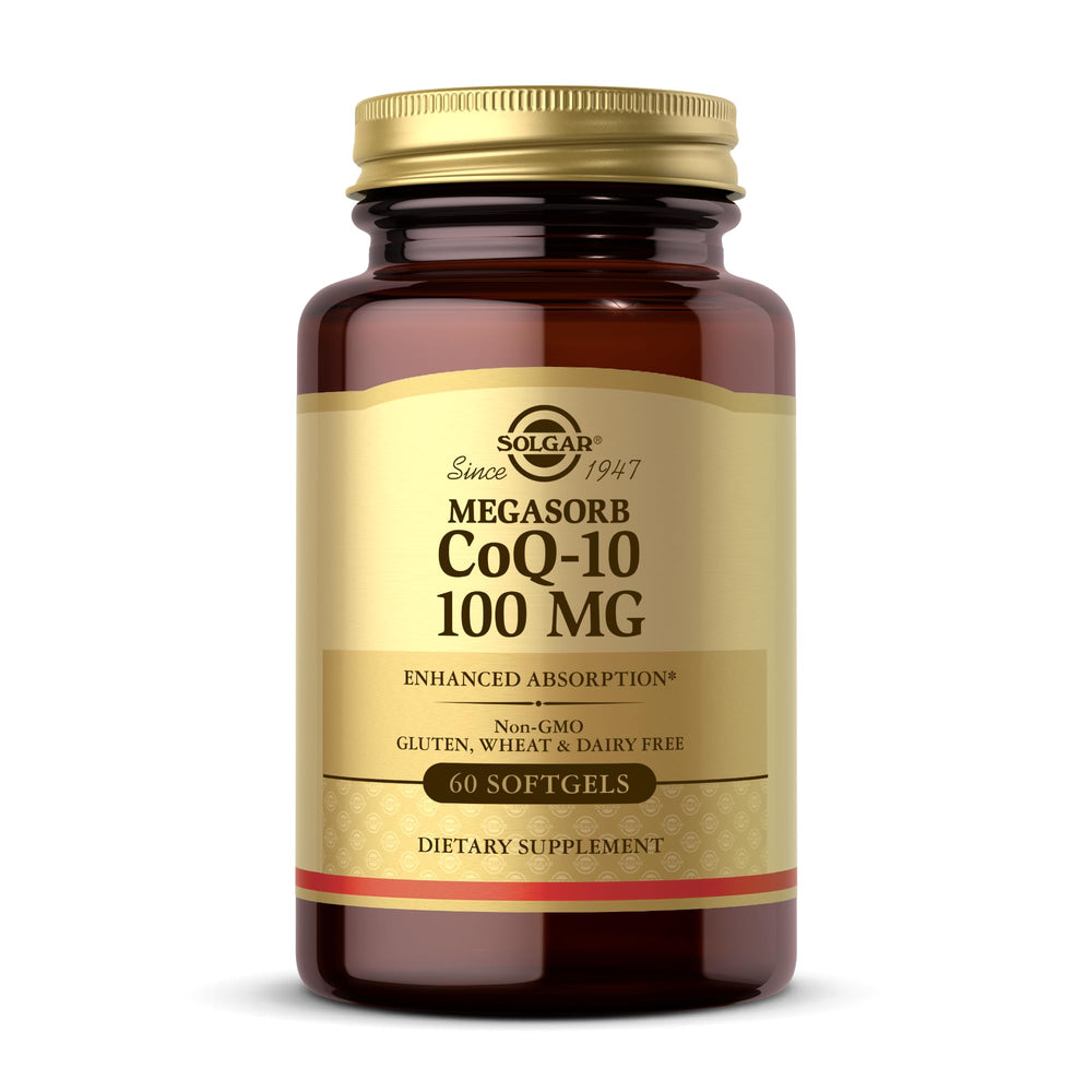Solgar Megasorb CoQ-10 bottle with softgels for heart health support.
