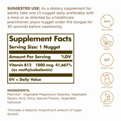 Closeup of Solgar methylcobalamin 1000mcg nuggets bottle highlighting sublingual format.