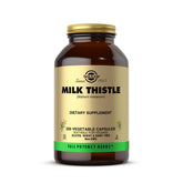 Solgar milk thistle bottle front featuring 100 mg veggie caps for vegetarians