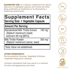 Solgar Milk Thistle capsules closeup highlights vegan, non-GMO capsules for everyday use.