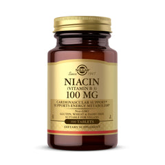 Solgar Niacin 100 mg bottle close-up highlighting vegan, non-GMO formulation.