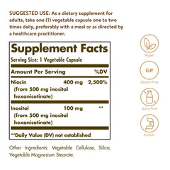 Solgar No-Flush Niacin capsules closeup highlighting gentle no-flush delivery.