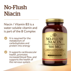 Solgar No-Flush Niacin 500 mg label closeup showing dosage details.