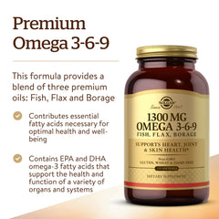 Solgar omega-3-6-9 ingredients blend highlights fish, flax, and borage oils.