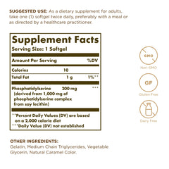 Solgar Phosphatidylserine 200 mg softgels bottle back label shows gluten-free and dairy-free formula.
